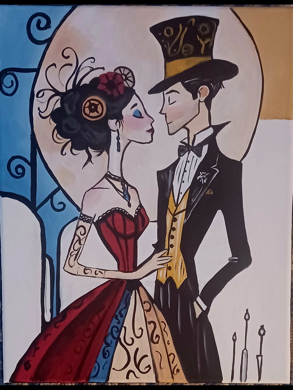 Romantic Vintage Couple Canvas Art Print in Red, Gold and Black